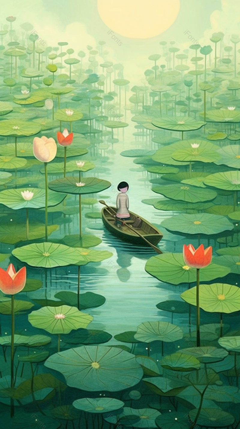 绿色的夏天一个女孩划船在荷叶荷花盛开的池塘里玩耍,插画/手绘图,插画/手绘图库,插画/手绘图下载,插画/手绘